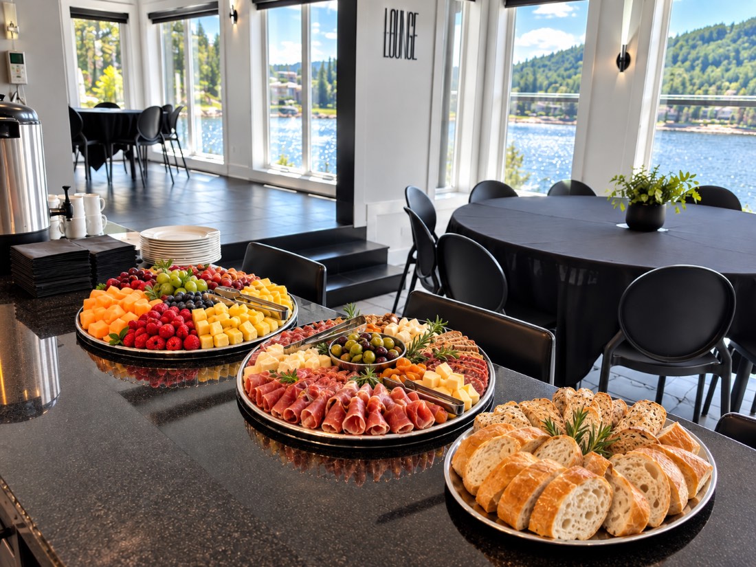 Plateaux de charcuteries, fromages et fruits dans un lounge face au lac