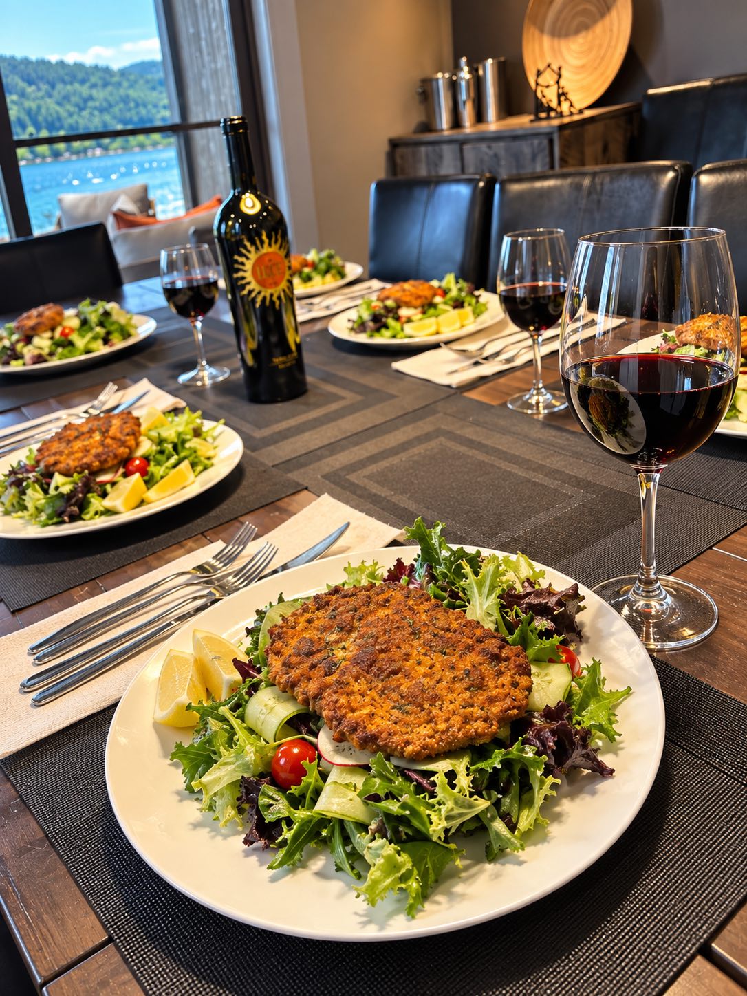 Table dressée avec vin rouge et vue sur le lac